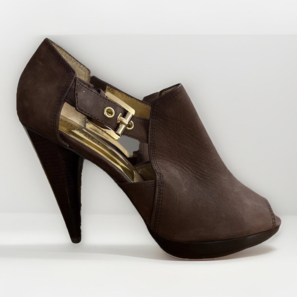 Michael Kors Greenwich Peep Toe Booties Brown Suede Buckle Platform Heels Sz 8.5